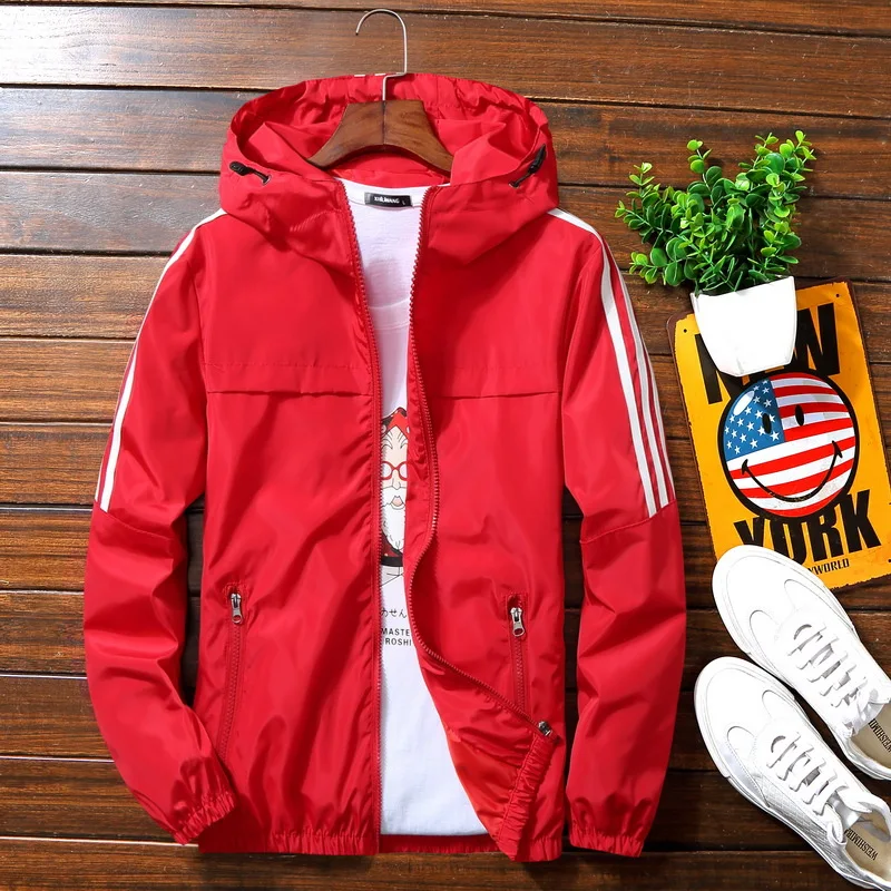 

Jackets Zipper Hoodies Windbreaker Men Casual Hooded Jackets Autumn Tracksuit Streetwear Bomber Thin Coat Slim Fit Men's Striped
