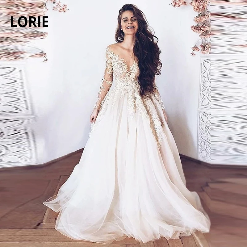 

LORIE Elegant Lace Wedding Gowns for Bride Long Sleeve Appliqued Soft Tulle Back Illusion Beach Wedding Dress Boho Plus Size