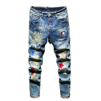 mens embroidered ripped motorcycle jeans light blue trendy straight slim denim trousers male high quality casual streetwear