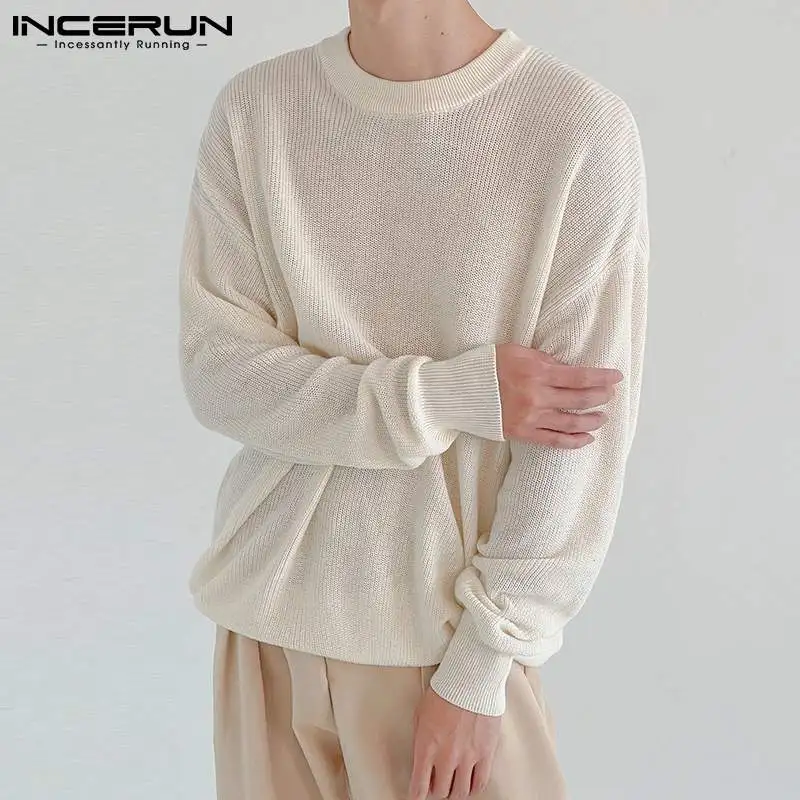 

INCERUN Tops 2021 Men's T-shirt Fashion Casual Style Camiseta Round Neck Solid Comeforable Drop Shoulder Sweater Knit Tees S-5XL