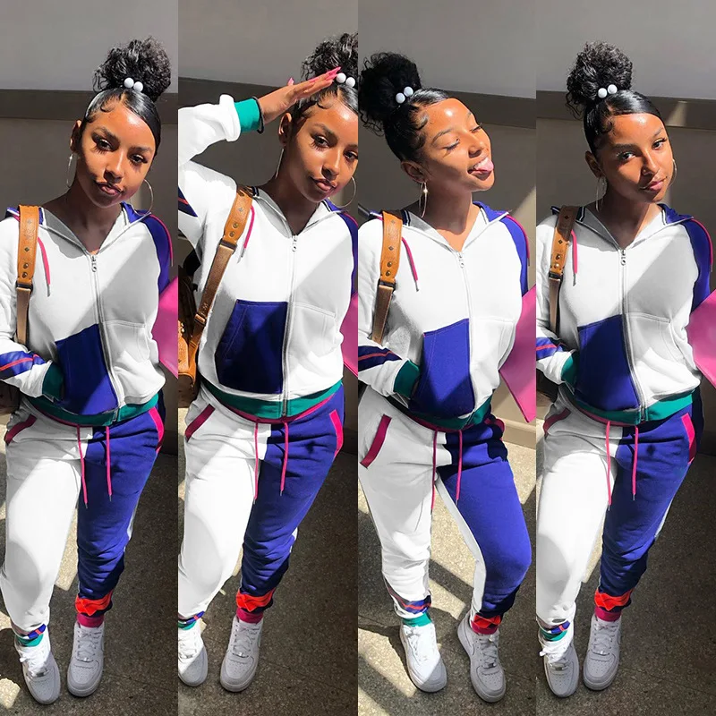 

ChocoMist Two-piece Sportswear Hooded Collar Patchwork Blue Two Piece Pants Set G8068