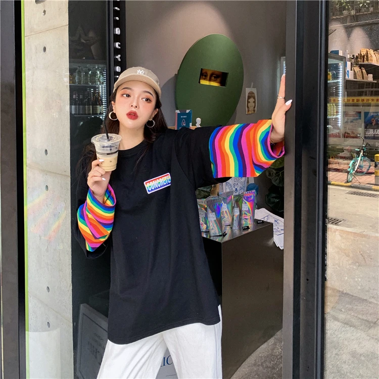 Harajuku футболка женская осенняя одежда корейский стиль полосатый лоскутный рукав футболки женские повседневные футболки Топ