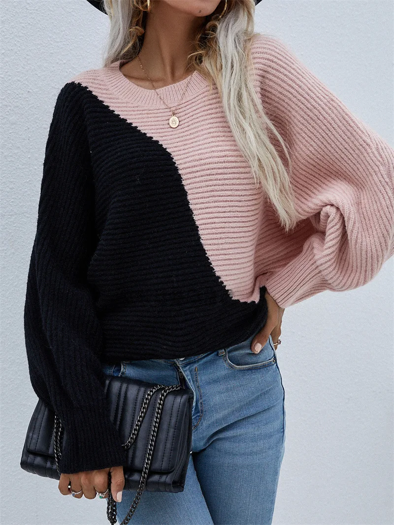 

SALEQI 2021 autumn winter bat sleeves new color matching round neck sweater pullover ladies sweater women