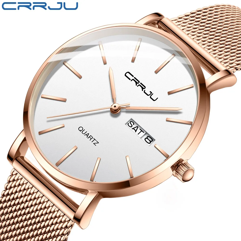 

Часы наручные CRRJU женские кварцевые, модные изысканные элегантные деловые со стальным браслетом, с календарем, цвета розового золота