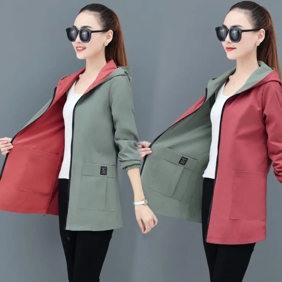 

Two-sided Hooded Top Jacket Mid-length Womens Thin Windbreaker Coat Women 2021 Spring New Korean Loose Large Harajuku Plus Size