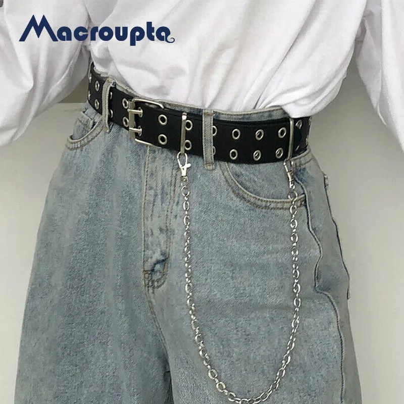 Модный женские панк-пажи Harajuku ремень с цепочкой регулируемый черный кожаный