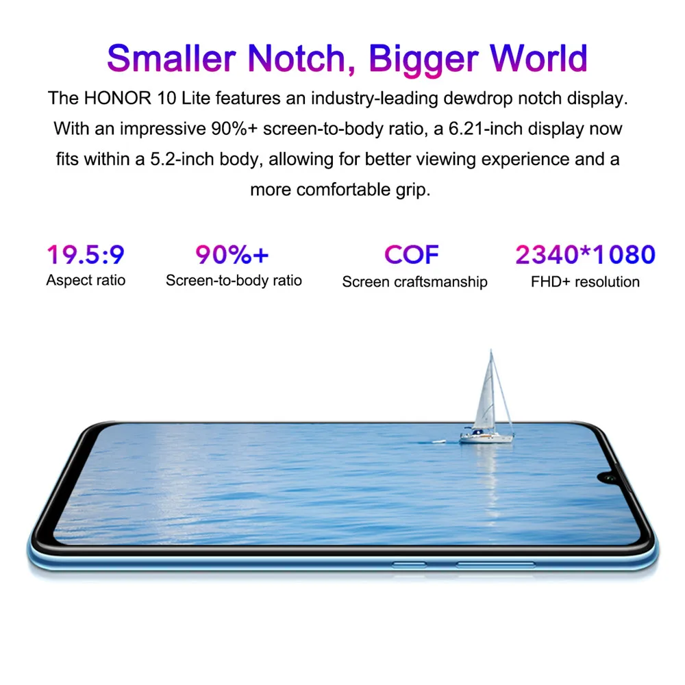 Honor 10 Lite Android 9,0 6,21 дюймов 3+ 64 Гб Смартфон 3400 мАч 24MP 3 камера мобильный телефон AI камера отпечатков пальцев Восьмиядерный