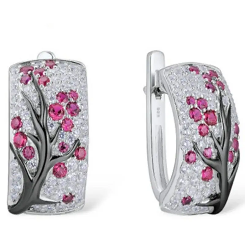 

925 Sterling Silver Plum Blossom Flower Carved Diamond Earrings for Women Party Vintage Stud Earring Jewelry Gift