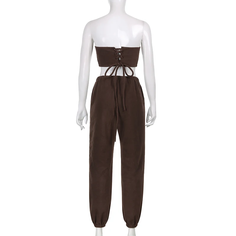 

Brown Furry Bandage Crop Tube Top And Jogger Trouser Pant Suits Two Piece Set Women's Tracksuit Clothing 2021Solid Summer Outfit