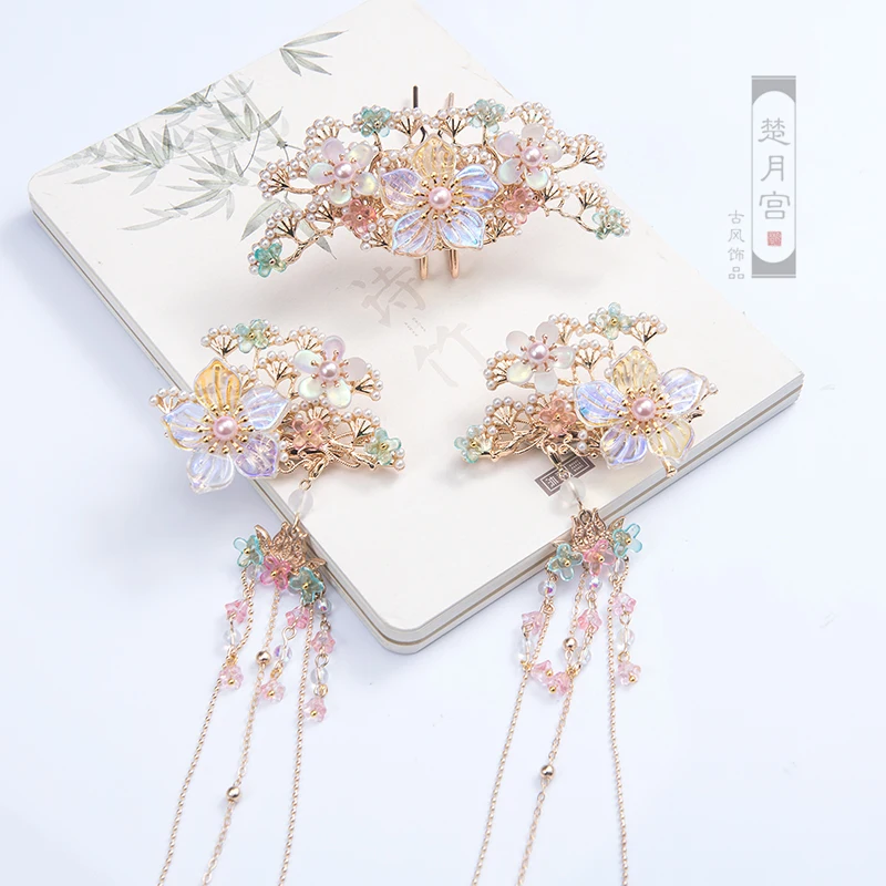 

Ancient Handwork Headwear Hanfu Classical Long Tassel Hairpin Fairy antiquity Step shake Classical Flower Headpiece Cosplay