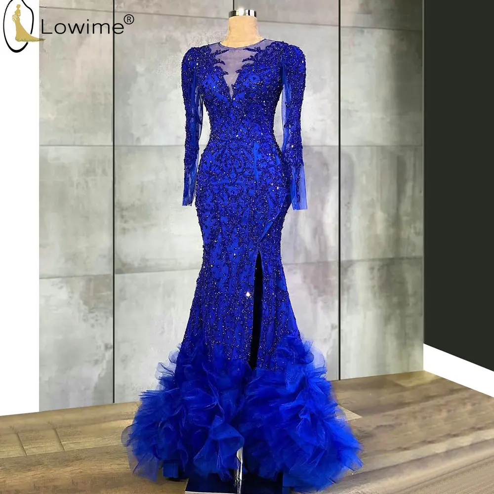 

Vestido De Festa Royal Blue Long Sleeve Full Beading Mermaid Evening Dresses Ruffles Abendkleider Robes Dubai Party Gowns