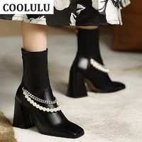 coolulu peral women ankle boots square toe block high heel winter boots women shoes chain zipper women booties size 34 46