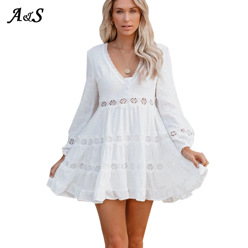 

Женское мини-платье с оборками Anbenser, Осеннее элегантное Привлекательное платье-трапеция с V-образным вырезом и длинным рукавом, Открытое пл...