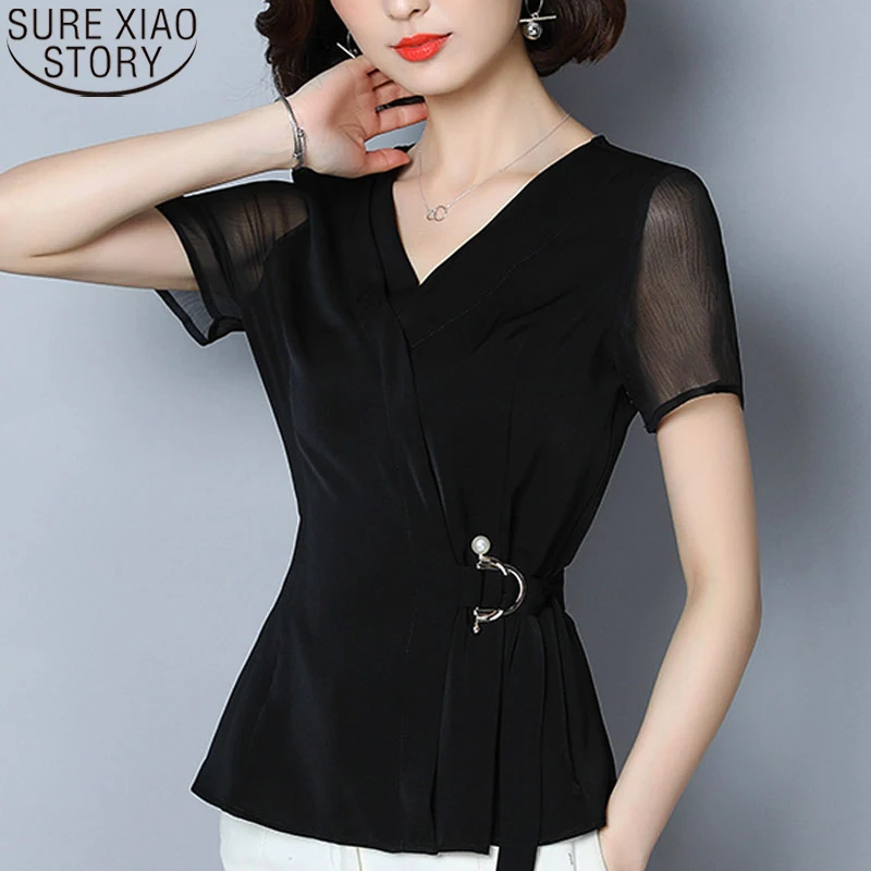 

summer Women Blouse And Tops 2022 Black Shirts Blouses Casual Women Ladies Tops Sequined Chiffon Blouse Solid V-Neck 2882