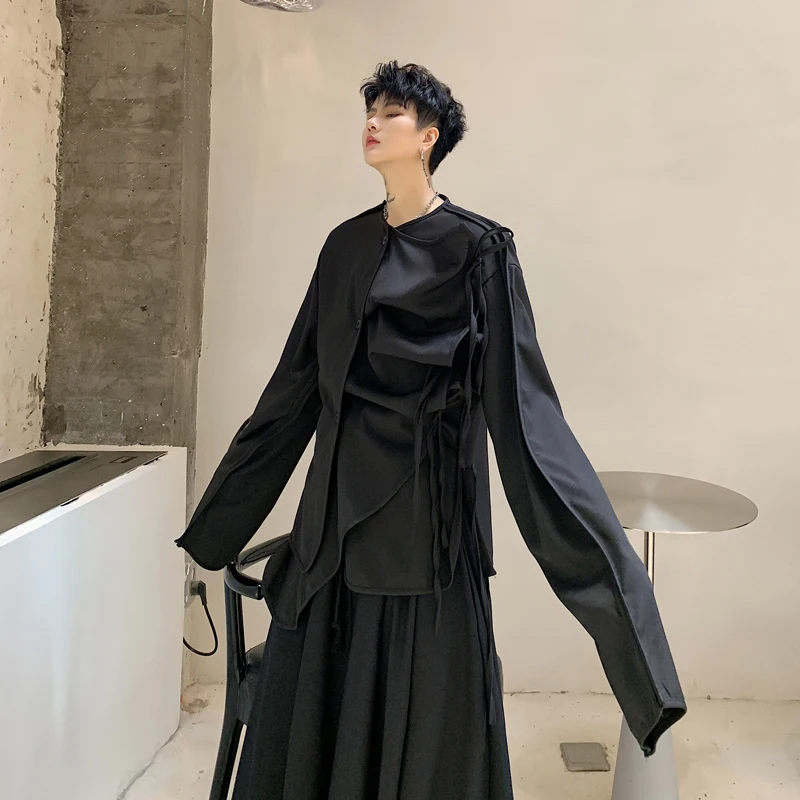 Men Fold Irregular Ribbon Splice Long Sleeve Casual Black Shirt Male Japan Style Streetwear Punk Gothic Shirts Stage Clothing