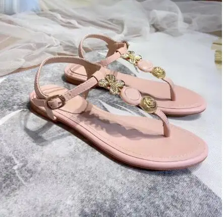 

cheap luxury women New Designer Buckle Strap Flats Shoes Fashion Summer Metal Decoration buy Runway Ladies Beach Sandals Shoes