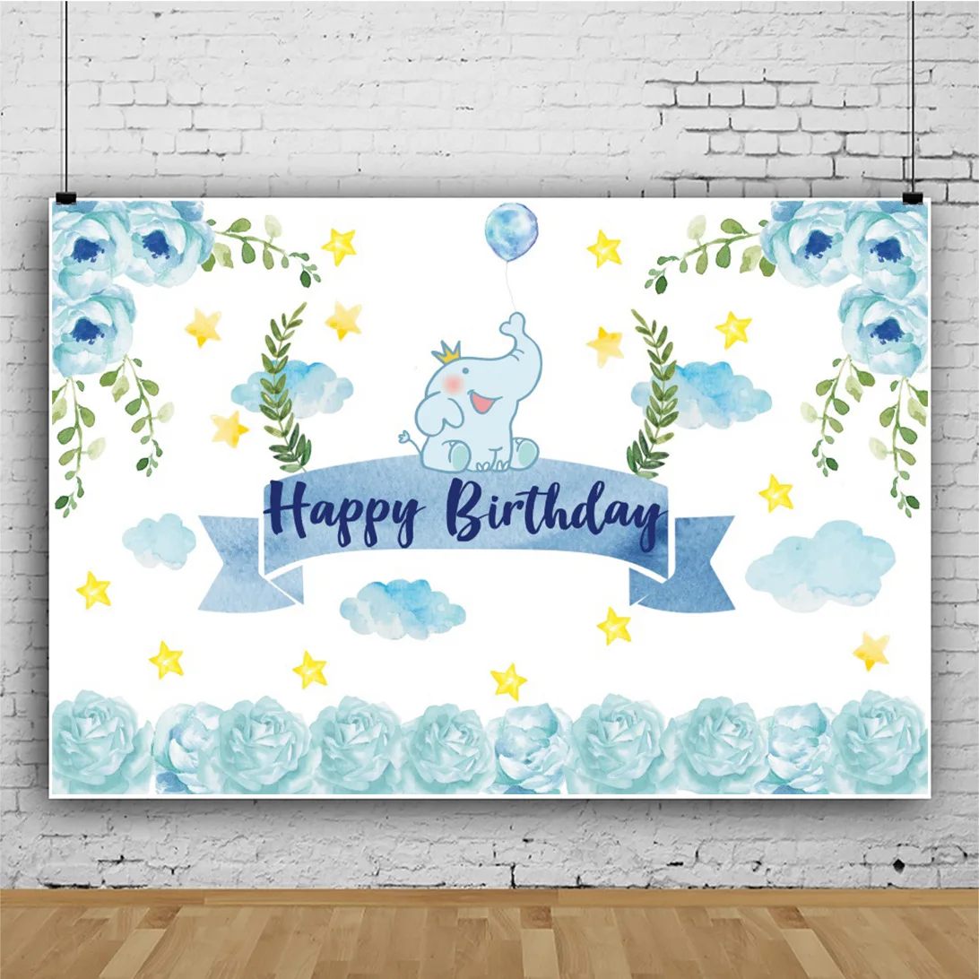 

Spring Crown Elephant Flowers Blue Backdrop Baby Birthday Party Table Decoration Picture Custom Child Vinyl Background Banners