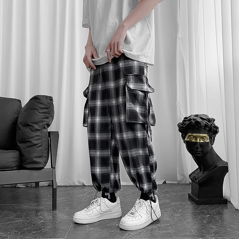 

Plaid Pants Men's Fashion Casual Pocket Pants Men Trousers Streetwear Loose Hip-hop Straight Wide-leg Pants Mens Cargo Pants