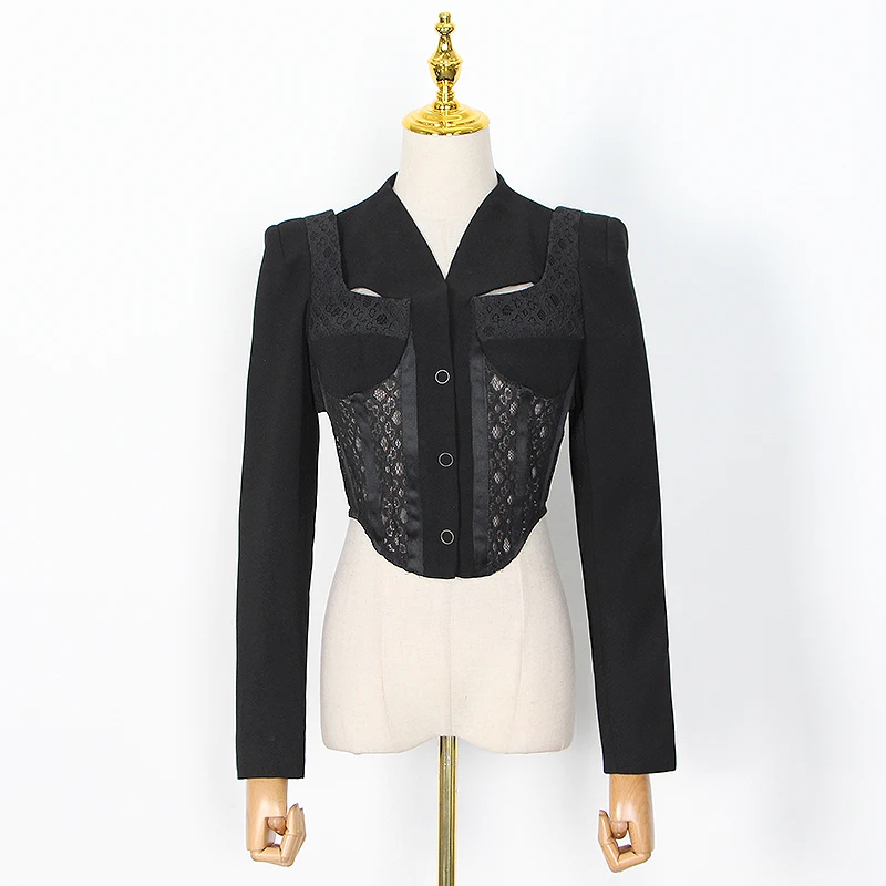 

TWOTWINSTYLE Sexy Lace Women's Short Tops V Neck Long Sleeve Patchwork Hollow Out Slim Jacket Female Fashion Clothes 2020,summer