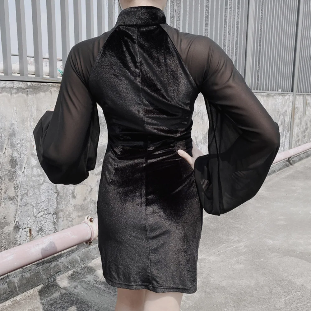 Velvet Vestido Sexy Mini Dress Women Hollow Gothic Fashion Casual Goth Club Dresses Vintage Qipao Slit Mesh Lantern Sleeve | Женская