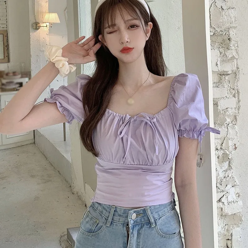 

Summer Lace-Up Thin Women Blouse Top Female Solid Color Sexy Square Collar Puff Sleeve Crop Top