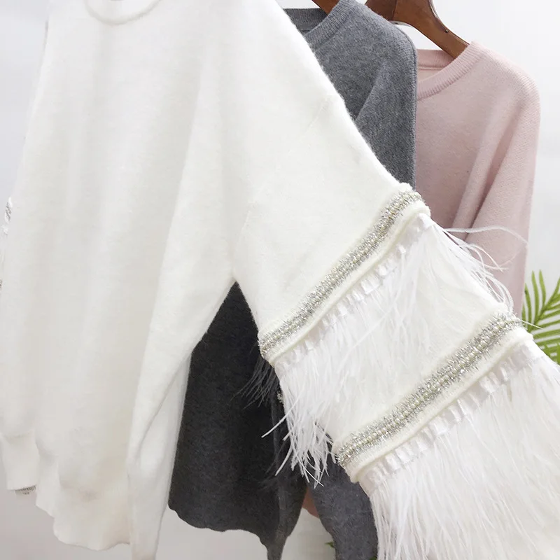 WHITNEY WANG Sweaters Autumn Winter Fashion Streetwear Feathers Patchwork Sweater Women Jumper sueter mujer invierno