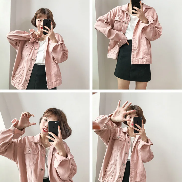 Куртка-бомбер для женщин, тонкая джинсовая Базовая куртка с рваными дырками, осенне-зимнее пальто в стиле Харадзюку, розовая женская элегантная ВИНТАЖНАЯ ДЖИНСОВАЯ уличная куртка