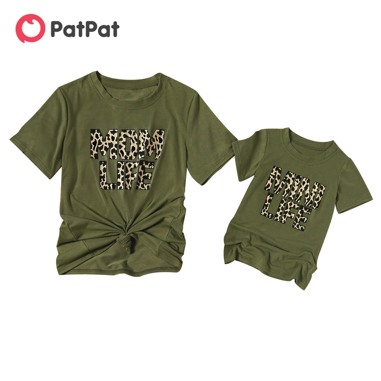 

PatPat 2021 New Arrival Summer Leopard Letter Print Dark Green Tops for Mom and Me