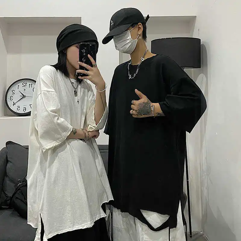 

White T-shirt Women's Summer 2021 New Ins Harajuku High Street Ripped Solid Color Loose round Neck Short Sleeve Shirt Fashion