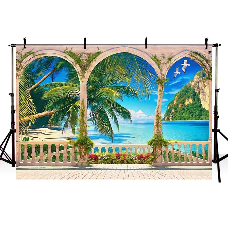 Виниловый фон для фотосъемки с изображением Морского Пейзажа: кокосовое дерево