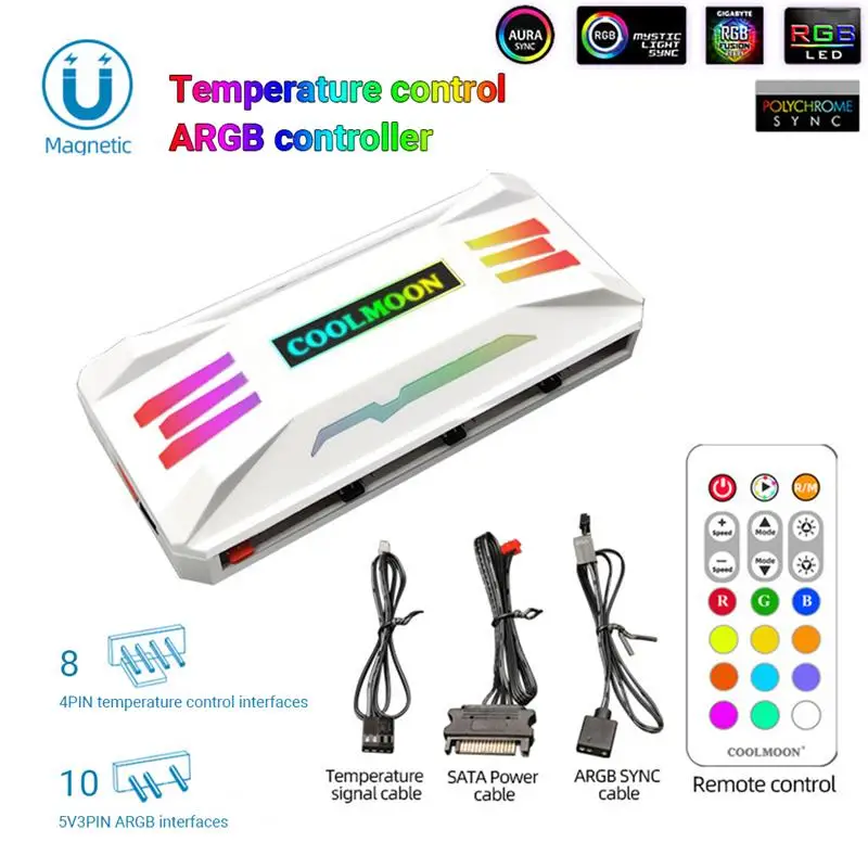 

COOLMOON 3 In 1 4Pin PWM Cooling Fan Hub 5V ARGB Speed Temperature Controller For Computer Case Household Safety