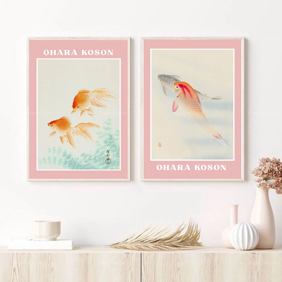

2 sets of retro painting Japanese art, goldfish painting, abstract painting, retro wall art, Japanese nostalgic painting, GiclÃ©e