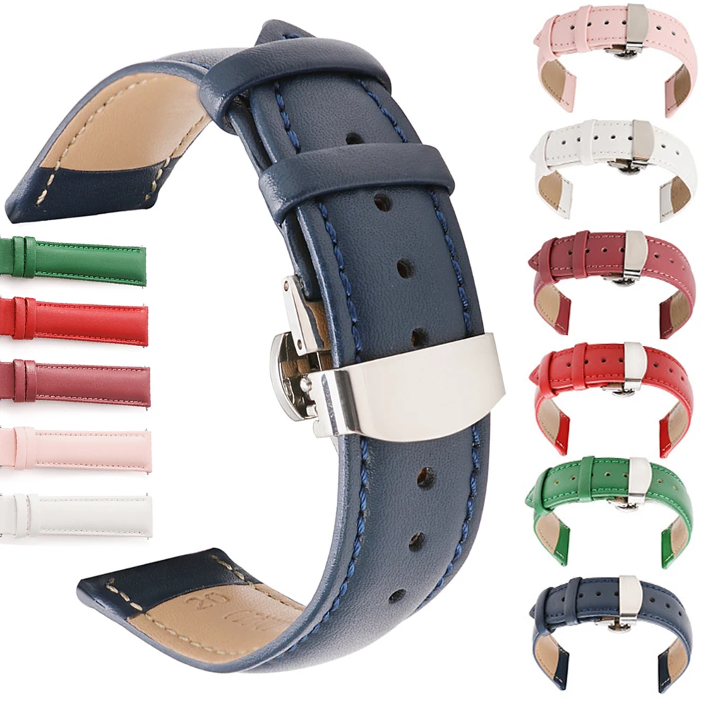 

Smooth Genuine Calfskin Leather Watchband 12mm 14mm 16mm 18mm 20mm 22mm 24mm Straps with Solid Butterfly Buckle Watch Band