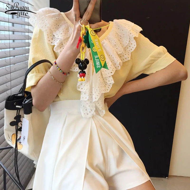 

French Chic Double-layer V-neck Women Blouse Vintage Ruffles Short Sleeve Lace Shirts Hollow Patchwork Elegant Summer Tops 15356