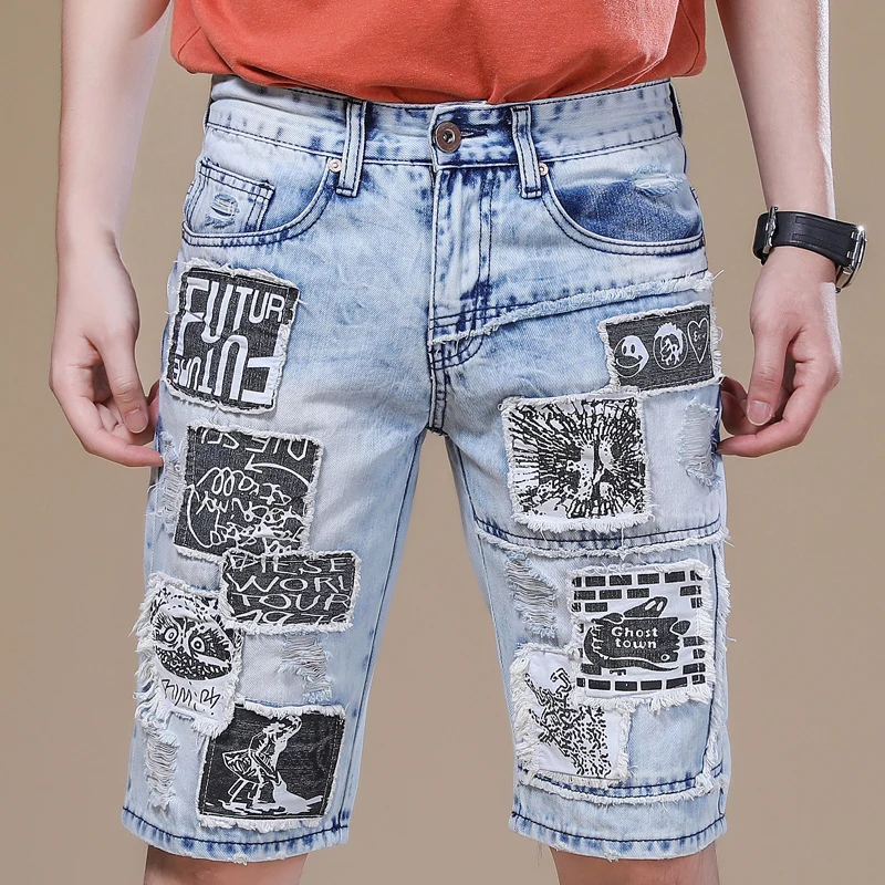 

New Blue Denim Shorts Men's Fashion Badge Patch Motorcycle Patchwork Printing SlimTrendy Cool Youth Jeans Shorts Streetwear