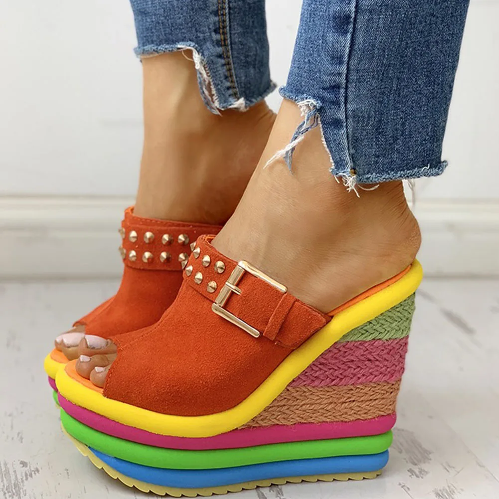 Женские босоножки на танкетке Karinluna разноцветные туфли без застежки высоком