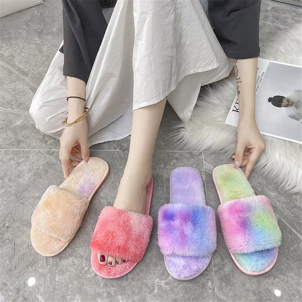 

Women Colorful Artificial Fluff Plush Anti Slip Home Indoor Slippers Female Outdoor Wear Open-toed Casual Slide Slippers