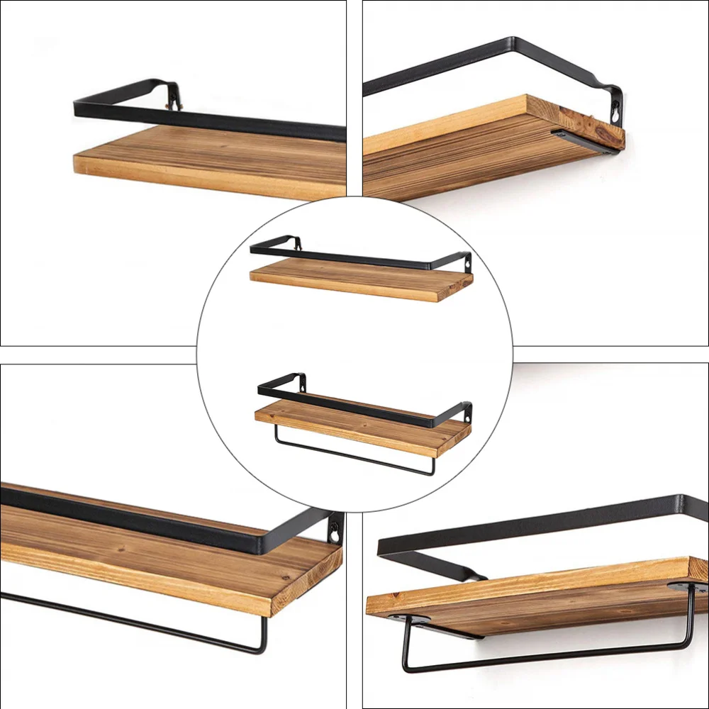 

Elegant Wooden Plank Iron Wall Decor Suspend Rack Shelf Storage Shelf Brackets