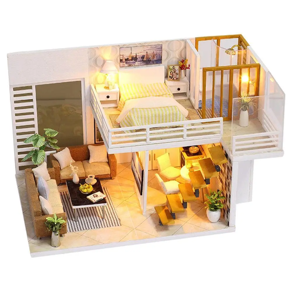 

Wooden Doll Houses DIY Miniature Dollhouse Ssimple Elegant Wooden Model Hut Assembled Doll House Handmade Model Doll House