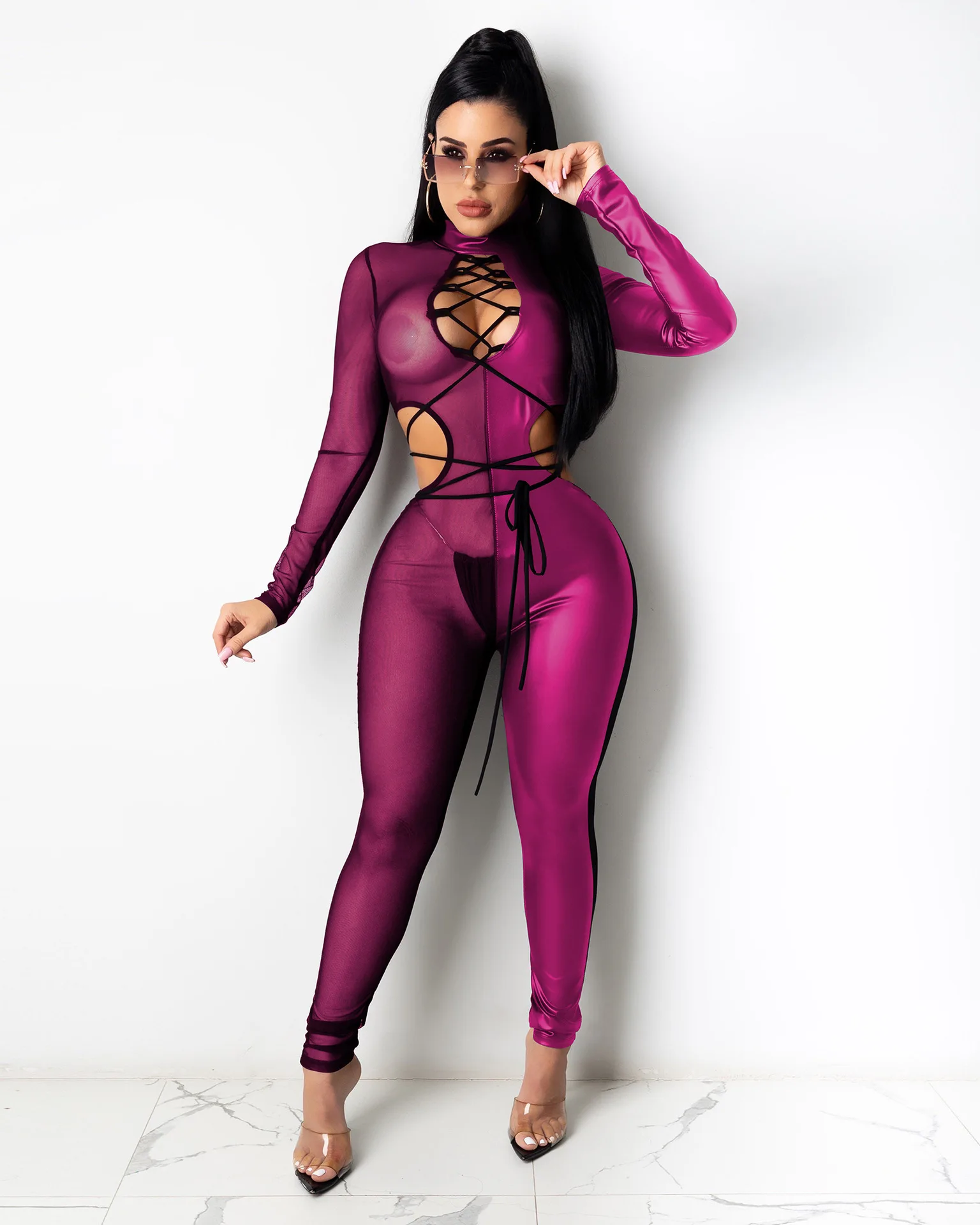 

Mesh PU Faux Leather Skinny Jumpsuit for Women Lace Up Waist Band Cut Out Party Romper Clubwear Backless See Through Overalls