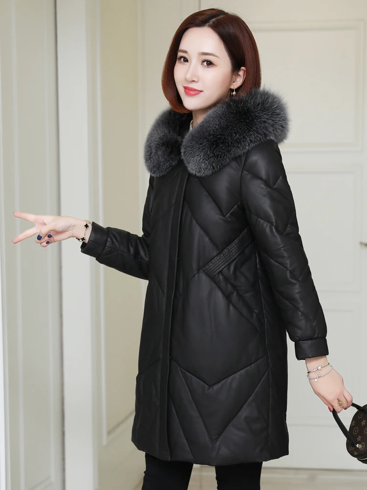 

Haining leather garment women's medium and long style winter 2020 new thickened sheep skin down jacket fox hair hood