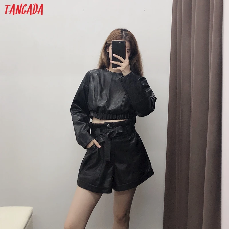 Tangada женские черные майки кроп из искусственной кожи новое поступление с длинным рукавом винтажные женские блузки из искусственной кожи Топы BE31