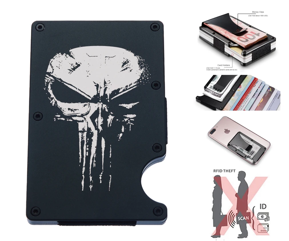 

Классный минималистский металлический кошелек с гравировкой в виде черепа и зажимом для денег с RFID-блокировкой для мужчин