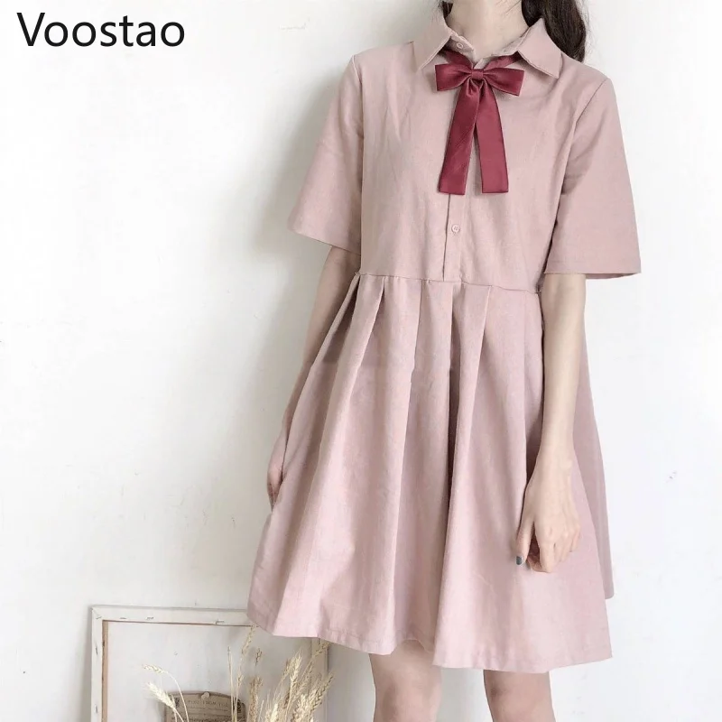 Женское свободное платье рубашка Harajuku мягкое японское милое с бантом для девушек