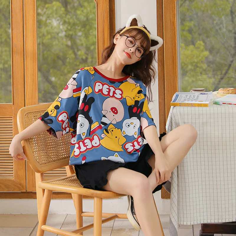 

Summer Cartoon Pajamas Set Women Korean Blue O-Neck Cotton Sleepwear Mujer Plus Size Short Sleeve Nightwear Outdoor Home Wear
