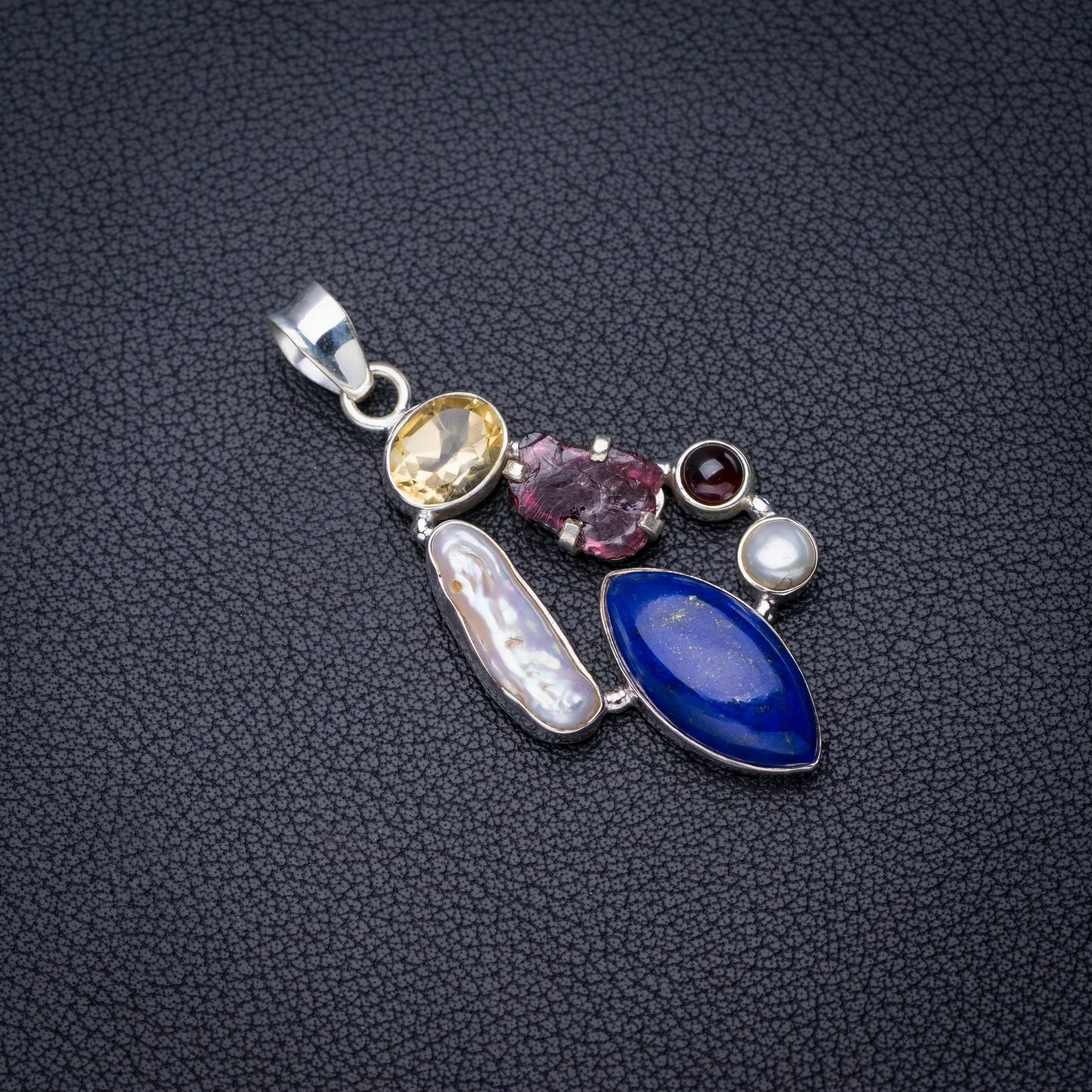 

StarGems Natural Lapis Lazuli Citrine,Amethyst And Biwa Pearl Handmade 925 Sterling Silver Pendant 2" E4054