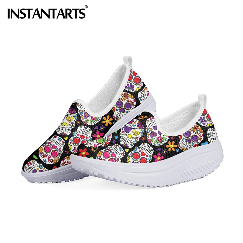 

INSTANTARTS Classic Sugar Skull Design Women Mesh Flat Fitness Platform Sneakers Breathable Slip On Swing Shoes Zapatillas Mujer