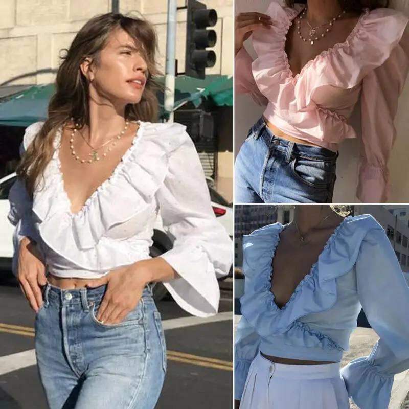 Новинка 2020 Брендовая женская Милая шифоновая блузка с рюшами глубокий v образный