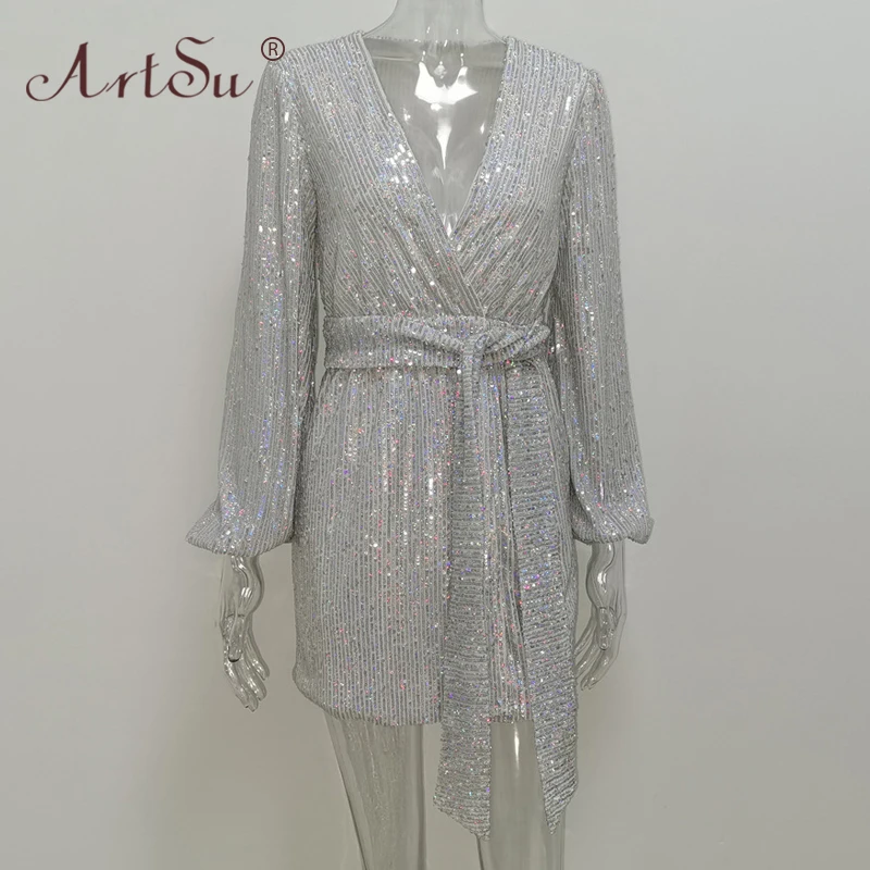 

ArtSu Luxury Silver Sequin Dress Sexy Deep V-Neck Women Lantern Sleeve Sashes Knot Club Party Dress 2019 Christmas Dress Winter