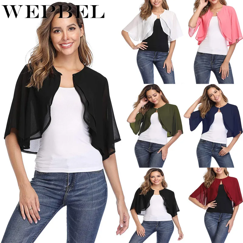 

WEPBEL Summer Solid Lace Hollow Out Chiffon Shirts Capes Women Short Sleeve Shrug Open Front Bolero Tops Cardigan Elegant Shirts